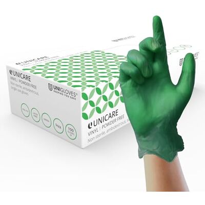 UNIGLOVES Unicare Vinyl Disposable Gloves Gants d'examen polyvalents, sans poudre ni latex Boîte de 100 gants, vert, taille XL (GS0125) UNIGLOVES Unicare Vinyl Disposable Gloves Gants d'examen polyvalents, sans poudre ni latex Boîte de 100 gants, vert, taille XL (GS0125)