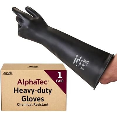 Ansell AlphaTec 87-104, Gants en caoutchouc résistants aux produits chimiques, Avec manchette extra longue de 43 cm, latex noirs durables pour usage industriel, de protection L, 1 paire Ansell AlphaTec 87-104, Gants en caoutchouc résistants aux produits chimiques, Avec manchette extra longue de 43 cm, latex noirs durables pour usage industriel, de protection L, 1 paire