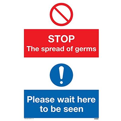 Viking CH5946-A6P-3M Panneau en plastique rigide avec inscription « Stop germs Please wait here to be seen » 3 mm Viking CH5946-A6P-3M Panneau en plastique rigide avec inscription « Stop germs Please wait here to be seen » 3 mm