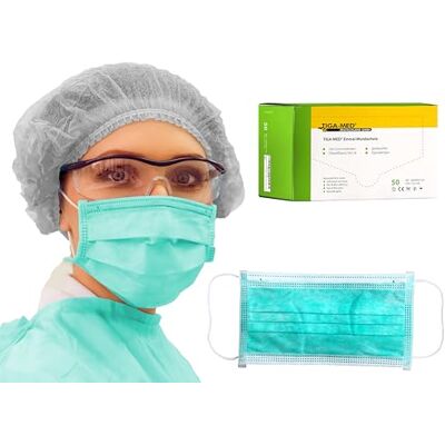 TIGA-MED Lot de 500 Masques chirurgicaux Triple épaisseur à Usage Unique munis d'un élastique Filtration 99,5 % Vert TIGA-MED Lot de 500 Masques chirurgicaux Triple épaisseur à Usage Unique munis d'un élastique Filtration 99,5 % Vert