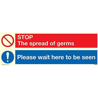 Viking Autocollant photoluminescent en vinyle avec inscription « Stop germs Please wait here to be seen ». Viking Autocollant photoluminescent en vinyle avec inscription « Stop germs Please wait here to be seen ».