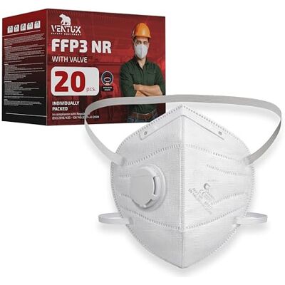 VENTUX SAFETY EQUIPMENT 20 pièces pliables blanches Demi-masques filtrants FFP3 avec soupape VENTUX SAFETY EQUIPMENT 20 pièces pliables blanches Demi-masques filtrants FFP3 avec soupape