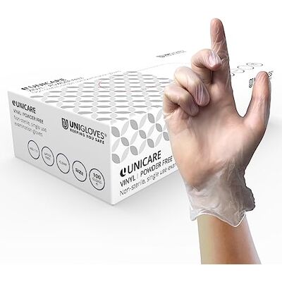 UNIGLOVES Unicare GS0064 Lot de 100 gants jetables en vinyle multi-usages sans poudre, sans latex, poids moyen, transparent, taille L UNIGLOVES Unicare GS0064 Lot de 100 gants jetables en vinyle multi-usages sans poudre, sans latex, poids moyen, transparent, taille L