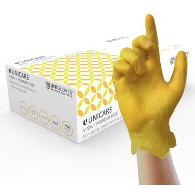 UNIGLOVES Unicare Vinyl Disposable Gloves Gants d'examen polyvalents, sans poudre ni latex Boîte de 100 gants, jaunes, taille L (GS0104) UNIGLOVES Unicare Vinyl Disposable Gloves Gants d'examen polyvalents, sans poudre ni latex Boîte de 100 gants, jaunes, taille L (GS0104)