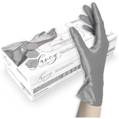 UNIGLOVES FANCY Silver Gants jetables, en nitrile, non stériles, sans poudre, adaptés à un usage alimentaire, protection contre les virus, les champignons et les bactéries, taille M (7-8)) UNIGLOVES FANCY Silver Gants jetables, en nitrile, non stériles, sans poudre, adaptés à un usage alimentaire, protection contre les virus, les champignons et les bactéries, taille M (7-8))