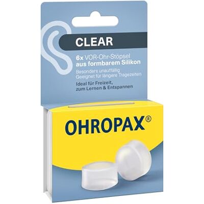 OHROPAX Lot de 6 bouchons d'oreilles transparents en silicone malléable Particulièrement discrets Convient à toutes les oreilles Indice d'isolation acoustique SNR 23 dB Pour les loisirs, OHROPAX Lot de 6 bouchons d'oreilles transparents en silicone malléable Particulièrement discrets Convient à toutes les oreilles Indice d'isolation acoustique SNR 23 dB Pour les loisirs,