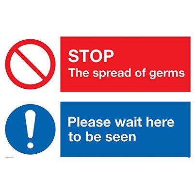 Viking Panneau STOP germs Please wait here to be seen en plastique semi-rigide 1 mm Viking Panneau STOP germs Please wait here to be seen en plastique semi-rigide 1 mm