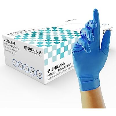 UNIGLOVES Unicare Gants d'examen en nitrile polyvalents, sans poudre, gants jetables de qualité médicale Boîte de 100, bleu, taille M (GS0033) UNIGLOVES Unicare Gants d'examen en nitrile polyvalents, sans poudre, gants jetables de qualité médicale Boîte de 100, bleu, taille M (GS0033)