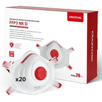 CRAZYCHIC 20 Masque FFP3 NR D Masque Coque Anti Poussière avec Valve Norme CE EN149 Protection Respiratoire Pollution Fumée Masque Travaux Peinture Chantier Industrie Chimie CRAZYCHIC 20 Masque FFP3 NR D Masque Coque Anti Poussière avec Valve Norme CE EN149 Protection Respiratoire Pollution Fumée Masque Travaux Peinture Chantier Industrie Chimie