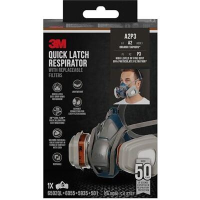 3M 6502 QLPRO Demi-masque avec filtres interchangeables contre les gaz organiques, les vapeurs et les particules – Masque de peinture avec niveau de protection A2P3 pour travaux de pulvérisation de 3M 6502 QLPRO Demi-masque avec filtres interchangeables contre les gaz organiques, les vapeurs et les particules – Masque de peinture avec niveau de protection A2P3 pour travaux de pulvérisation de