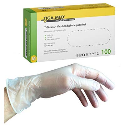 TIGA-MED Lot de 100 gants en vinyle non-poudrés taille M TIGA-MED Lot de 100 gants en vinyle non-poudrés taille M