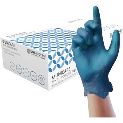 UNIGLOVES Unicare Gants d'examen en vinyle bleu Gants à usage multiple, sans poudre et sans latex Boîte de 100 gants, bleu, taille M (GS0083) UNIGLOVES Unicare Gants d'examen en vinyle bleu Gants à usage multiple, sans poudre et sans latex Boîte de 100 gants, bleu, taille M (GS0083)