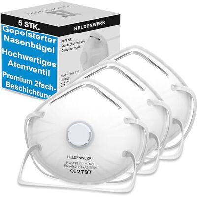 Heldenwerk Masque respiratoire en lot de 5, 10 ou 20 Masque respiratoire Masque facial FFP1 parfaitement réglable Masque à poussières fines, masque de protection contre la poussière pour le meul Heldenwerk Masque respiratoire en lot de 5, 10 ou 20 Masque respiratoire Masque facial FFP1 parfaitement réglable Masque à poussières fines, masque de protection contre la poussière pour le meul