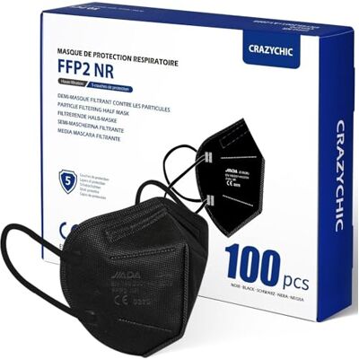 CRAZYCHIC 100x Masque FFP2 NR Noir Certifié Norme CE EN149 Masque de Protection Respiratoire Haute Filtration 5 Couches Filtrantes Hypoallergénique Emballage individuel Boîte 100 pcs CRAZYCHIC 100x Masque FFP2 NR Noir Certifié Norme CE EN149 Masque de Protection Respiratoire Haute Filtration 5 Couches Filtrantes Hypoallergénique Emballage individuel Boîte 100 pcs
