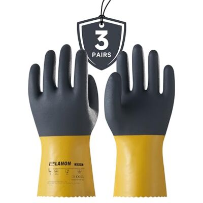 LANON Protection LANON Lot de 3 paires de gants de travail réutilisables en PVC résistant aux produits chimiques, protection contre l'acide, les alcalins et l'huile, EN 374/388, antidérapant, taille L LANON Protection LANON Lot de 3 paires de gants de travail réutilisables en PVC résistant aux produits chimiques, protection contre l'acide, les alcalins et l'huile, EN 374/388, antidérapant, taille L