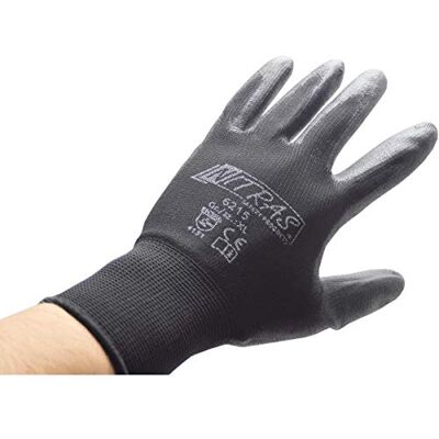 Nitras Lot de 12 paires de gants de montage en nylon 6215 avec revêtement PU Noir Taille XL (9) Nitras Lot de 12 paires de gants de montage en nylon 6215 avec revêtement PU Noir Taille XL (9)