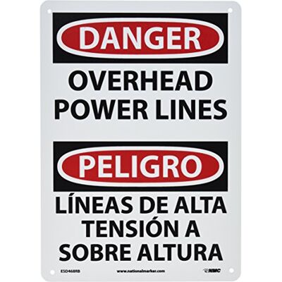 NMC ESD468RB Panneau OSHA bilingue, légende, « Danger Overhead Power lines », 25,4 cm de long x 35,6 cm de hauteur, plastique rigide, noir/rouge sur blanc NMC ESD468RB Panneau OSHA bilingue, légende, « Danger Overhead Power lines », 25,4 cm de long x 35,6 cm de hauteur, plastique rigide, noir/rouge sur blanc