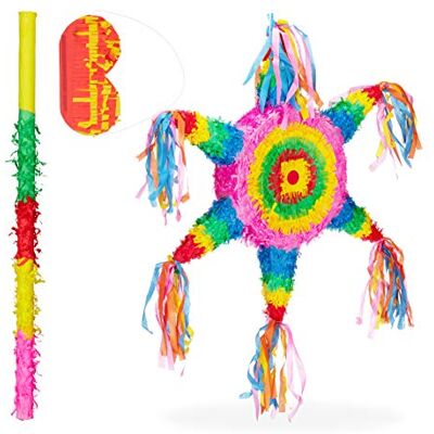 Relaxdays Piñata Lot de 3 piñata avec masque pour les yeux et bâton pour les enfants Relaxdays Piñata Lot de 3 piñata avec masque pour les yeux et bâton pour les enfants