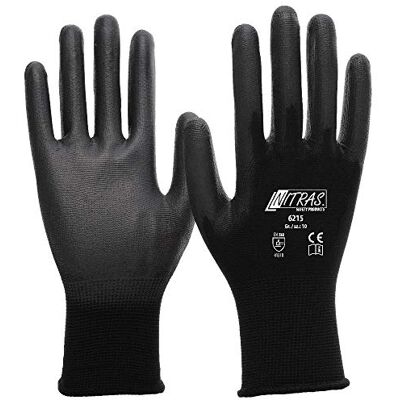 Nitras 6215 Lot de 12 paires de gants de travail en nylon avec revêtement PU Noir Taille 10 Nitras 6215 Lot de 12 paires de gants de travail en nylon avec revêtement PU Noir Taille 10