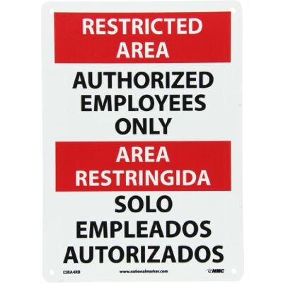 NMC ESRA4RB Panneau bilingue OSHA, légende « RESTRICTED AREA AUTORIZED EMPLOYEES ONLY », 25,4 cm de long x 35,6 cm de hauteur, plastique rigide, noir/rouge sur blanc NMC ESRA4RB Panneau bilingue OSHA, légende « RESTRICTED AREA AUTORIZED EMPLOYEES ONLY », 25,4 cm de long x 35,6 cm de hauteur, plastique rigide, noir/rouge sur blanc