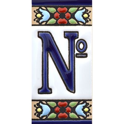 ART Numéros et lettres. Carreaux céramique peints à la main avec technique corde sèche (cuerda seca). Noms, directions et signalisation. Dessin FLORES MINI 7,3 cm x 3,5 cm. (SYMBOLE "NUMÉRO Nº ") ART Numéros et lettres. Carreaux céramique peints à la main avec technique corde sèche (cuerda seca). Noms, directions et signalisation. Dessin FLORES MINI 7,3 cm x 3,5 cm. (SYMBOLE "NUMÉRO Nº ")