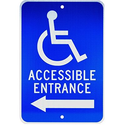 NMC TM150J ACCESSIBLE ENTRANCE – 12 po x 18 po Panneau en aluminium réfléchissant robuste avec symbole de handicap et graphique flèche gauche, texte blanc sur base bleue NMC TM150J ACCESSIBLE ENTRANCE – 12 po x 18 po Panneau en aluminium réfléchissant robuste avec symbole de handicap et graphique flèche gauche, texte blanc sur base bleue
