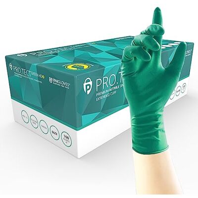 UNIGLOVES PRO.TECT GA0091 Lot de 100 gants jetables en nitrile HD+ vert avec manche allongé, ultra résistants, à usage unique, sans poussière, boîte de 100 gants UNIGLOVES PRO.TECT GA0091 Lot de 100 gants jetables en nitrile HD+ vert avec manche allongé, ultra résistants, à usage unique, sans poussière, boîte de 100 gants