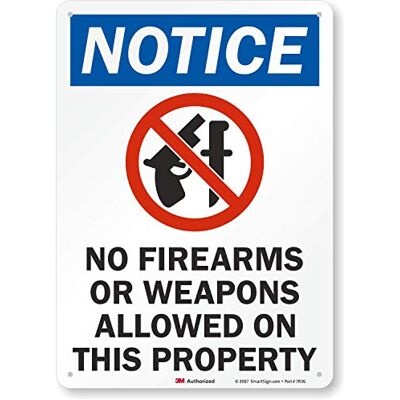 SmartSign Panneau réfléchissant 3M de qualité ingénierie avec inscription « Notice : No Firearms/Weapons allowed on Property » avec graphique, 35,6 cm de haut x 25,4 cm de large Noir/bleu/rouge sur blanc SmartSign Panneau réfléchissant 3M de qualité ingénierie avec inscription « Notice : No Firearms/Weapons allowed on Property » avec graphique, 35,6 cm de haut x 25,4 cm de large Noir/bleu/rouge sur blanc