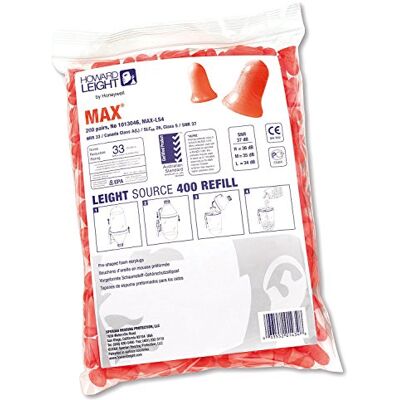 Howard Leight Honeywell Bouchons d'oreilles jetables Max LS400, distributeur de rechange, pour toutes les tailles, orange, en forme de cloche, sans câble, SNR 37, 1013046 (lot de 200 paires) Howard Leight Honeywell Bouchons d'oreilles jetables Max LS400, distributeur de rechange, pour toutes les tailles, orange, en forme de cloche, sans câble, SNR 37, 1013046 (lot de 200 paires)