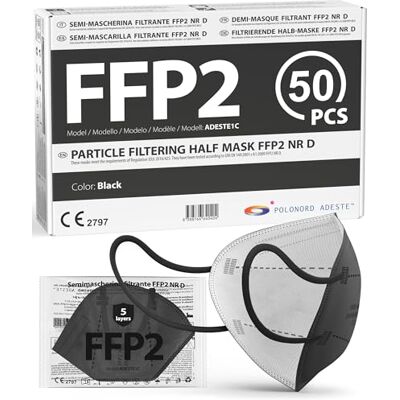 Polonord Adeste ADESTE Lot de 50 masques de protection anti-poussière hygiéniques 5 couches FFP2 NR D EN149:2001+A1:2009 EU2016/425 Noir Polonord Adeste ADESTE Lot de 50 masques de protection anti-poussière hygiéniques 5 couches FFP2 NR D EN149:2001+A1:2009 EU2016/425 Noir