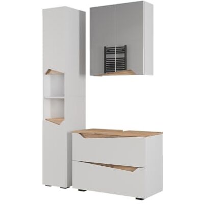 Vicco Meubles bain "Marelle", Blanc/Chêne Artisan 80 cm 3 pièces · Meuble sous-vasque · Armoire à miroir · Armoire haute Vicco Meubles bain "Marelle", Blanc/Chêne Artisan 80 cm 3 pièces · Meuble sous-vasque · Armoire à miroir · Armoire haute