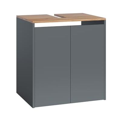 Vicco Meuble vasque simple "Viktor", Anthracite/chêne doré, 60.2x65cm avec découpe pour siphon et étagère intérieure réglable en hauteur Vicco Meuble vasque simple "Viktor", Anthracite/chêne doré, 60.2x65cm avec découpe pour siphon et étagère intérieure réglable en hauteur