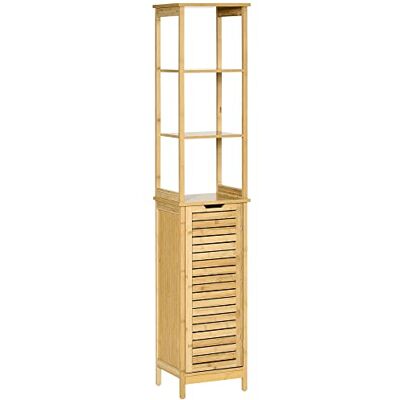 kleankin Meuble Colonne de Salle de Bain pour Organisation, avec 3 étagères et Placard Porte persienne en Bambou kleankin Meuble Colonne de Salle de Bain pour Organisation, avec 3 étagères et Placard Porte persienne en Bambou