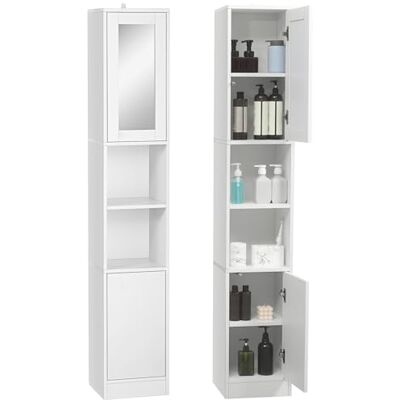 kleankin Armoire Salle de Bain Haute, Meuble de Rangement Colonne avec Miroir, 2 Portes, Compartiments Ouverts, étagères réglables, Meuble étroit pour Toilette, Petits espaces, 30x28x170cm, Blanc kleankin Armoire Salle de Bain Haute, Meuble de Rangement Colonne avec Miroir, 2 Portes, Compartiments Ouverts, étagères réglables, Meuble étroit pour Toilette, Petits espaces, 30x28x170cm, Blanc