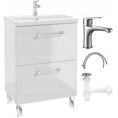Deftrans . – Meuble sous Vasque 60 x 40 x 84 cm – Ensemble Salle de Bain avec lavabo, Robinet et Siphon – sur Pied Blanc Brillant Deftrans . – Meuble sous Vasque 60 x 40 x 84 cm – Ensemble Salle de Bain avec lavabo, Robinet et Siphon – sur Pied Blanc Brillant
