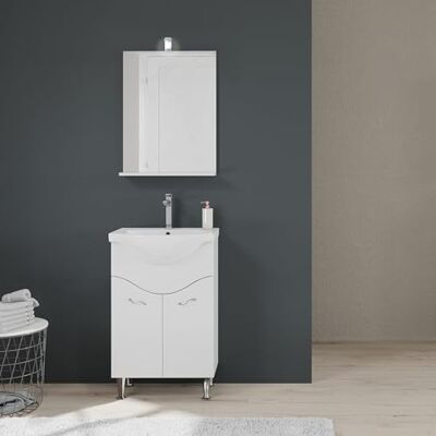 Kiamami Valentina Meuble de salle de bains au sol de 56,5 cm avec lavabo et miroir blanc. Kiamami Valentina Meuble de salle de bains au sol de 56,5 cm avec lavabo et miroir blanc.