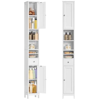 VASAGLE BBC765W01 Armoire de salle de bain haute et fine, autonome, avec étagères réglables, tiroir, compartiments ouverts, pour petits espaces, moderne, blanc nuage VASAGLE BBC765W01 Armoire de salle de bain haute et fine, autonome, avec étagères réglables, tiroir, compartiments ouverts, pour petits espaces, moderne, blanc nuage