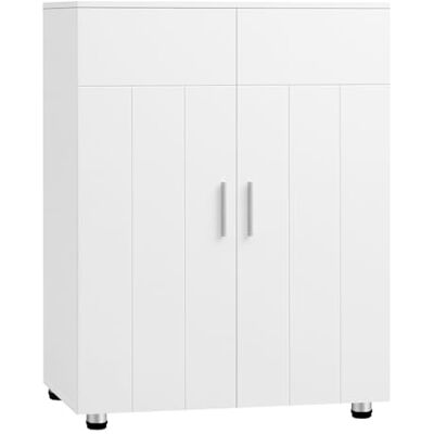 EUGAD Armoire de salle de bain avec 2 portes, meuble auxiliaire avec 2 étagères, armoire colonne de sol pour cuisine et salon, blanc, MDF, 60 x 30 x 82 cm EUGAD Armoire de salle de bain avec 2 portes, meuble auxiliaire avec 2 étagères, armoire colonne de sol pour cuisine et salon, blanc, MDF, 60 x 30 x 82 cm