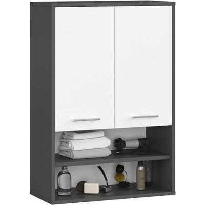 AKORD Armoire suspendue de salle de bain FIN 64 cm 2 portes, 2 étagères, 2 compartiments ouverts (l x H x P) 64 x 94 x 30 cm Avec étagères Poids : 8,10 kg Gris graphite et blanc AKORD Armoire suspendue de salle de bain FIN 64 cm 2 portes, 2 étagères, 2 compartiments ouverts (l x H x P) 64 x 94 x 30 cm Avec étagères Poids : 8,10 kg Gris graphite et blanc