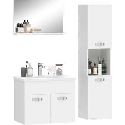 kleankin Ensemble de meubles de salle de bain 4 pièces, montage mural, avec miroir, meuble sous vasque, lavabo en céramique et armoire colonne haute, étagères réglables, style moderne, blanc kleankin Ensemble de meubles de salle de bain 4 pièces, montage mural, avec miroir, meuble sous vasque, lavabo en céramique et armoire colonne haute, étagères réglables, style moderne, blanc