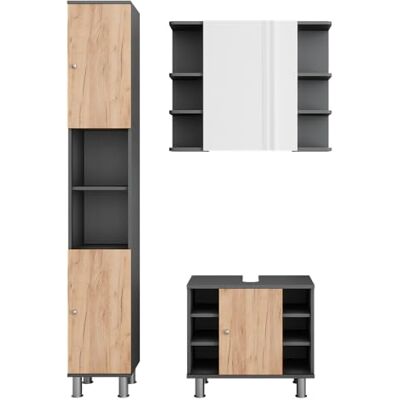 Vicco Meubles bain "Fynn", Anthracite/Chêne doré 60 cm 3 pièces · Meuble sous-vasque · Armoire à miroir · Armoire haute Vicco Meubles bain "Fynn", Anthracite/Chêne doré 60 cm 3 pièces · Meuble sous-vasque · Armoire à miroir · Armoire haute