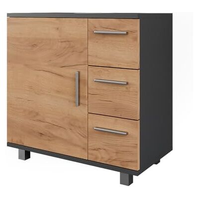 Vicco Meuble sous vasque "Ilias", Anthracite/chêne doré, 60x60.8cm avec porte et 3 tiroirs, avec découpe pour siphon pour installation sur lavabo Vicco Meuble sous vasque "Ilias", Anthracite/chêne doré, 60x60.8cm avec porte et 3 tiroirs, avec découpe pour siphon pour installation sur lavabo