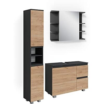 Vicco Meubles bain "J-Shape", Anthracite/Chêne doré 80 cm 3 pièces · Meuble sous-vasque · Armoire à miroir · Armoire haute Vicco Meubles bain "J-Shape", Anthracite/Chêne doré 80 cm 3 pièces · Meuble sous-vasque · Armoire à miroir · Armoire haute