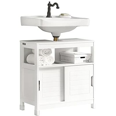 SoBuy Meuble sous Lavabo Salle de Bain avec Portes Coulissantes et Tapis de Sol, Meuble sous Vasque Anti-Humidité, Blanc, L60xP30xH60cm, FRG128-W SoBuy Meuble sous Lavabo Salle de Bain avec Portes Coulissantes et Tapis de Sol, Meuble sous Vasque Anti-Humidité, Blanc, L60xP30xH60cm, FRG128-W