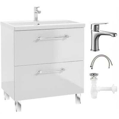 Deftrans . Meuble de lavabo 80 cm de large x 40 cm de profondeur x 84 cm de haut Armoire de salle de bain avec lavabo, robinet et siphon Meuble de salle de bain debout en blanc brillant Avec Deftrans . Meuble de lavabo 80 cm de large x 40 cm de profondeur x 84 cm de haut Armoire de salle de bain avec lavabo, robinet et siphon Meuble de salle de bain debout en blanc brillant Avec