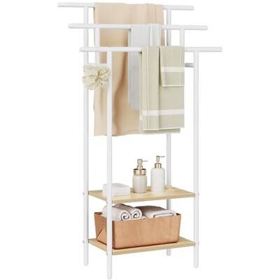 EUGAD Porte Serviette Salle de Bain, Porte Serviette sur Pied, à 3 Niveaux, avec 2 Étagères, Métal Blanc+Bois d'Ingénierie en Chêne Clair, 68x28x117 cm EUGAD Porte Serviette Salle de Bain, Porte Serviette sur Pied, à 3 Niveaux, avec 2 Étagères, Métal Blanc+Bois d'Ingénierie en Chêne Clair, 68x28x117 cm