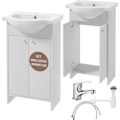 Deftrans Domodomo Armoire de Salle de Bain avec lavabo 85 x 50 x 25,5 cm Meuble de Salle de Bain à Poser et Meuble Bas Laqué Ensemble élégant avec lavabo en céramique (Blanc 50 cm + Siphon + Robinet Deftrans Domodomo Armoire de Salle de Bain avec lavabo 85 x 50 x 25,5 cm Meuble de Salle de Bain à Poser et Meuble Bas Laqué Ensemble élégant avec lavabo en céramique (Blanc 50 cm + Siphon + Robinet