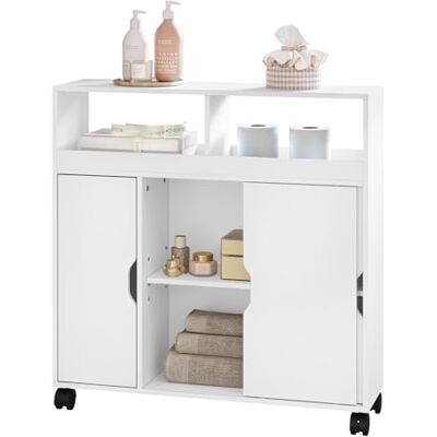 EUGAD Armoire de salle de bain à roulettes avec portes coulissantes, étagère de salle de bain avec compartiments ouverts, meuble de salle de bain, en MDF, 70 x 71,5 x 20 cm, blanc EUGAD Armoire de salle de bain à roulettes avec portes coulissantes, étagère de salle de bain avec compartiments ouverts, meuble de salle de bain, en MDF, 70 x 71,5 x 20 cm, blanc