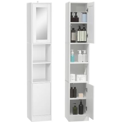 kleankin Armoire Salle de Bain Haute Colonne avec Miroir 30x28x170cm Blanc Meuble de Rangement, 2 Portes, Compartiments Ouverts, Étagères Réglables, Meuble Étroit pour Toilette, Petits Espaces kleankin Armoire Salle de Bain Haute Colonne avec Miroir 30x28x170cm Blanc Meuble de Rangement, 2 Portes, Compartiments Ouverts, Étagères Réglables, Meuble Étroit pour Toilette, Petits Espaces