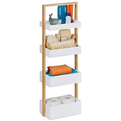 Relaxdays 10031461 Étagère de salle de bain, 4 étagères, bambou et MDF, étagère de rangement étroite HBT 88 x 30 x 18 cm, blanc/naturel Relaxdays 10031461 Étagère de salle de bain, 4 étagères, bambou et MDF, étagère de rangement étroite HBT 88 x 30 x 18 cm, blanc/naturel